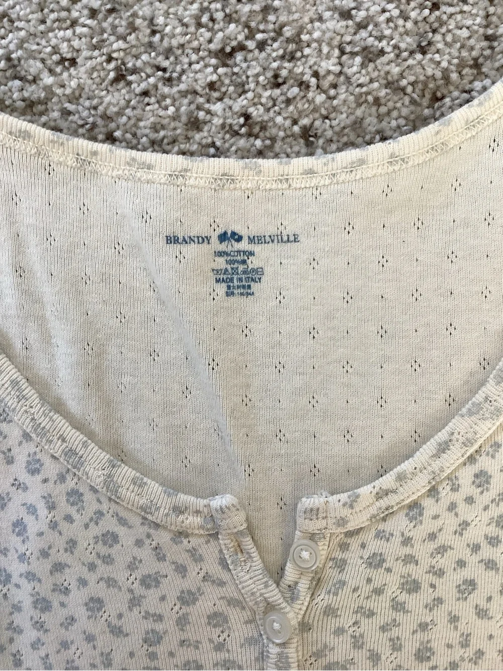 Brandy Melville Cream Short Sleeve Henley Tee with Tiny Floral Print